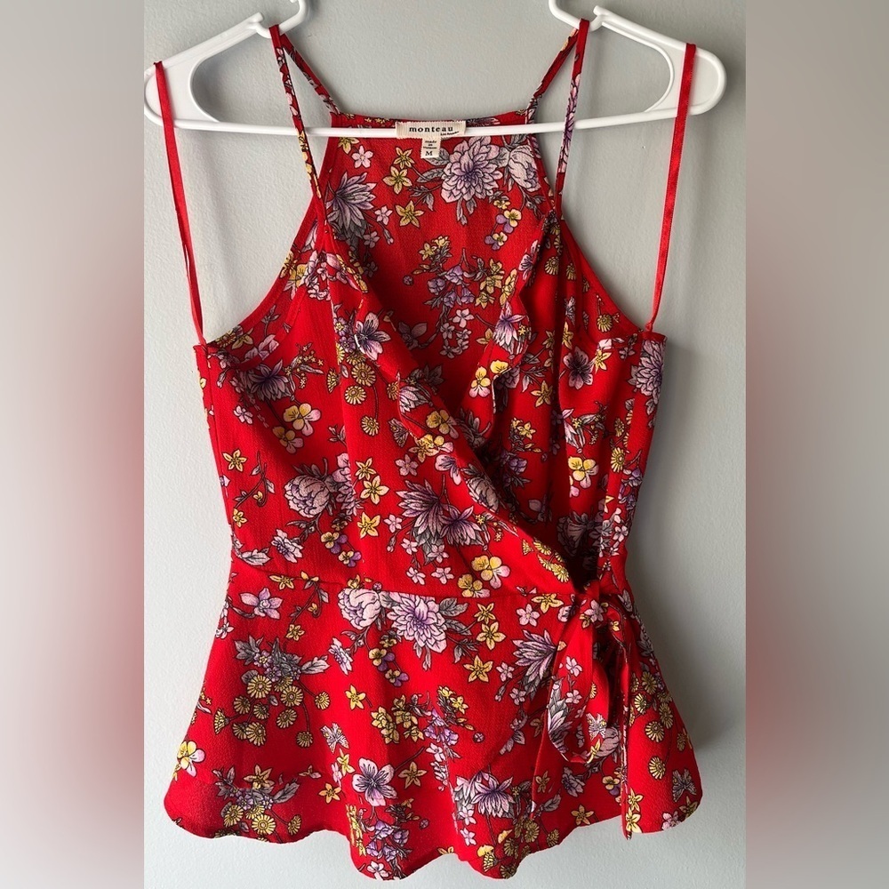 Monteau Los Angeles Sz Medium Peplum Faux Wrap Floral Sleeveless Blouse